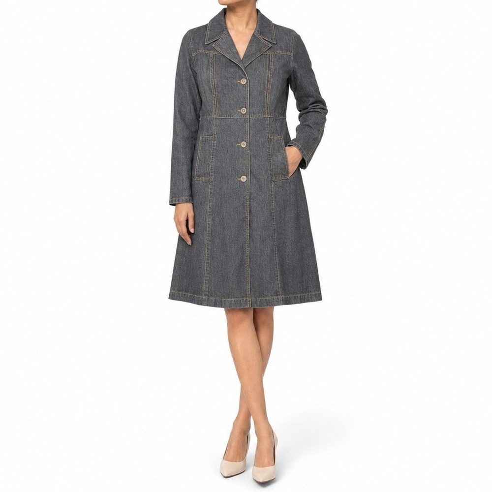 Bisou Bisou Denim Trench Style Coat Women 1X Dark Wash Stretch Longline Jacket